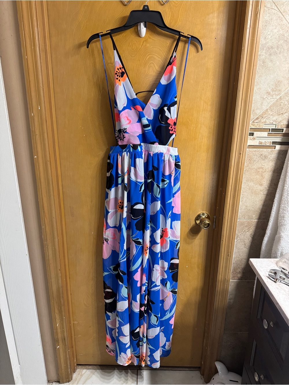 Express Blue Floral Maxi Dress with Pink & White Blooms NWOT